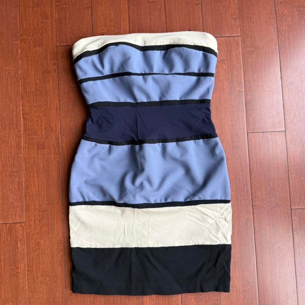 Blue and Cream Striped Strapless‎ Mini Bodycon Dress